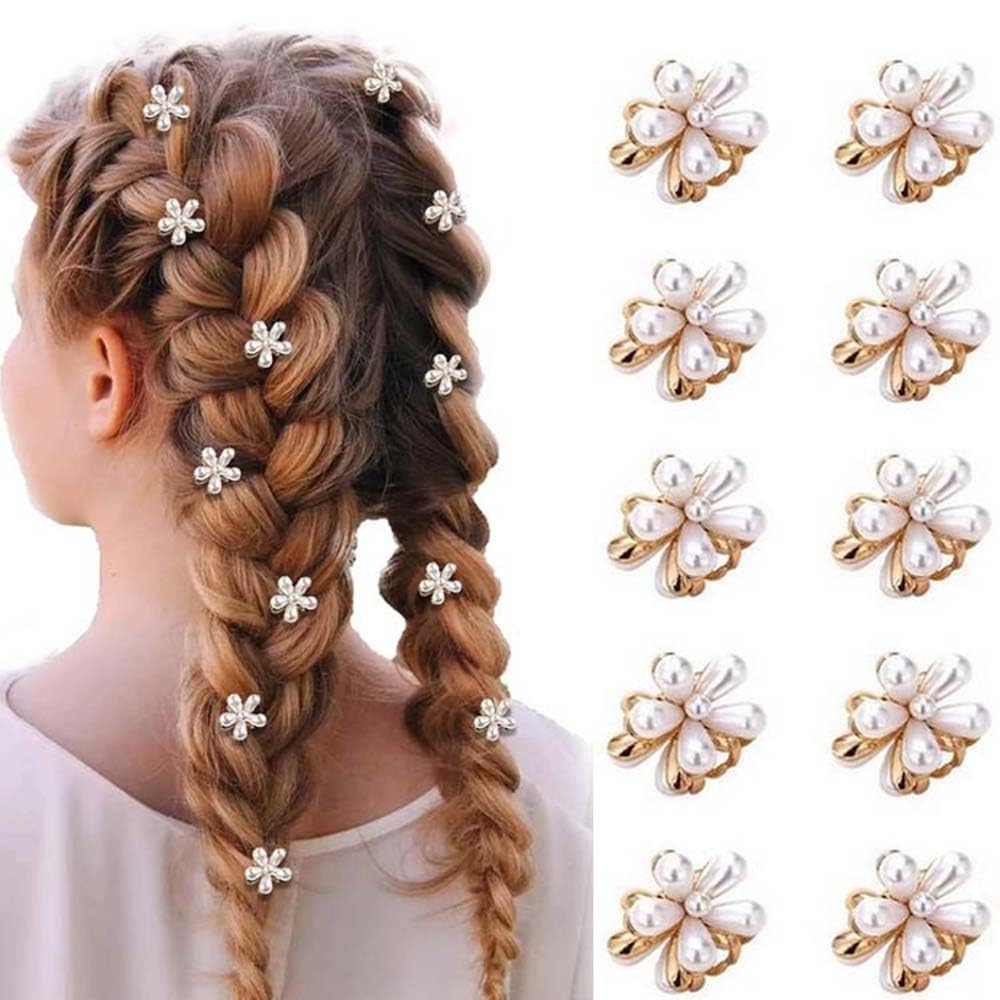 Photo 1 of 10 Pcs Small Mini Pearl Claw Clips with Flower Design, Sweet Artificial Bangs Clips Decorative Hair Accessories for Women Girls