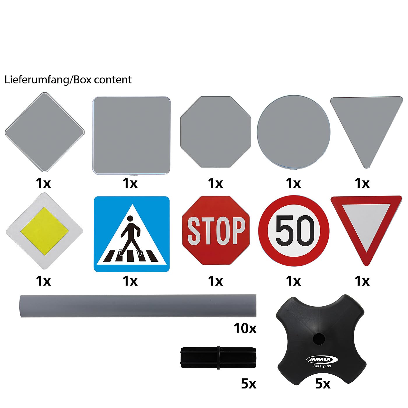Jamara, kit de signalisation, Grand A avec 5 panneaux de signalisation différents, montage facile grâce aux éléments attachables, plastique robuste et léger, 460257