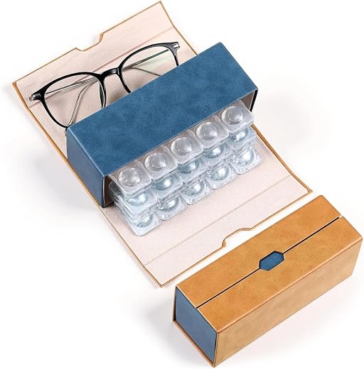HANNEA® 2 in 1 Eyeglasses and Contact Lens Case, Double Compartment Storage PU Leather Travel Organizer with Soft Lining, ...