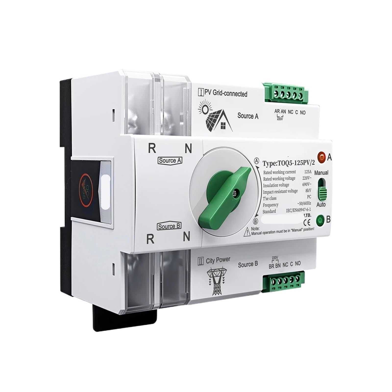 Interruptor de alimentación dual monofásico ATS 2P 63-125A | Interruptor ininterrumpido del Selector de transferencia de potencia Dual ATS 2P 63A/100A/125A de carril Din monofásico(100A)