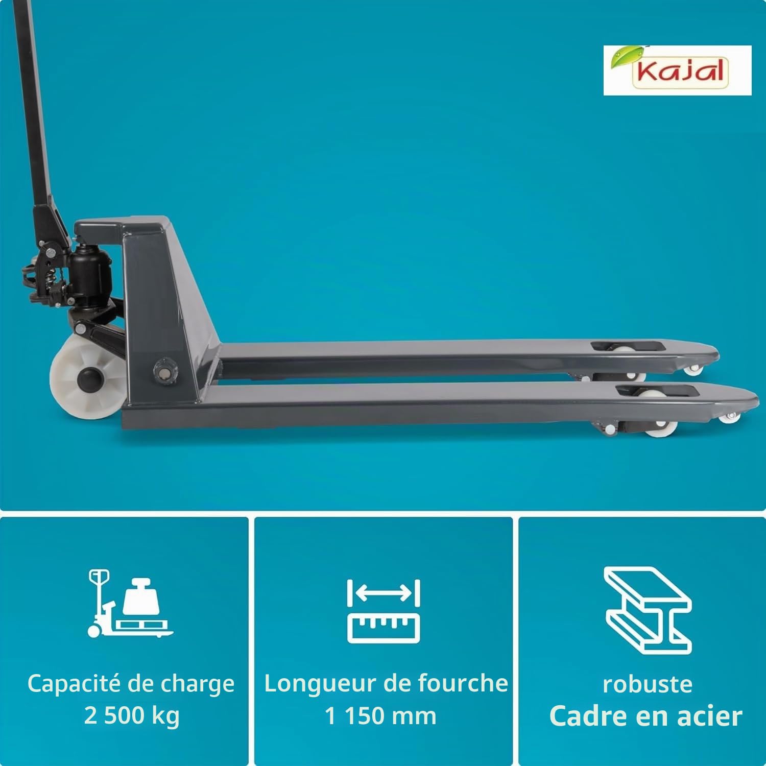 Kajal Système hydraulique 3000 kg - Tranpalettes haute performance, levage manuel avec pédale à levier, pompe renforcée, fourche 1150-1220 mm