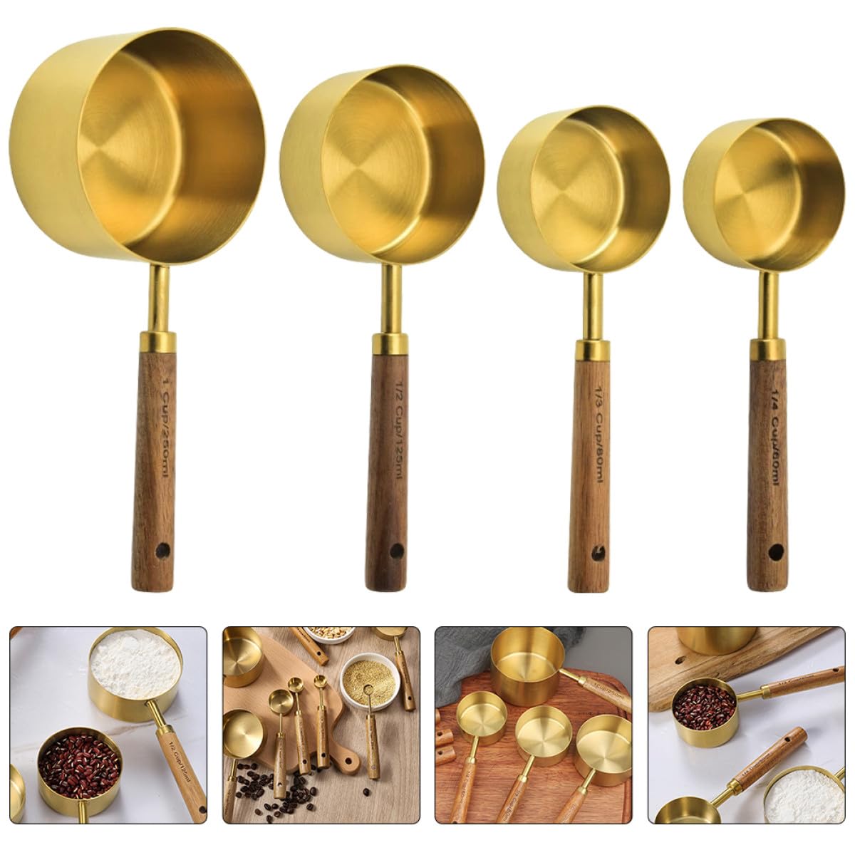Gadpiparty Juego 4 Cucharas Medidoras Acero Inoxidable para Líquidos y Sólidos Mango de Madera Acacia para Utensilios de Cocina