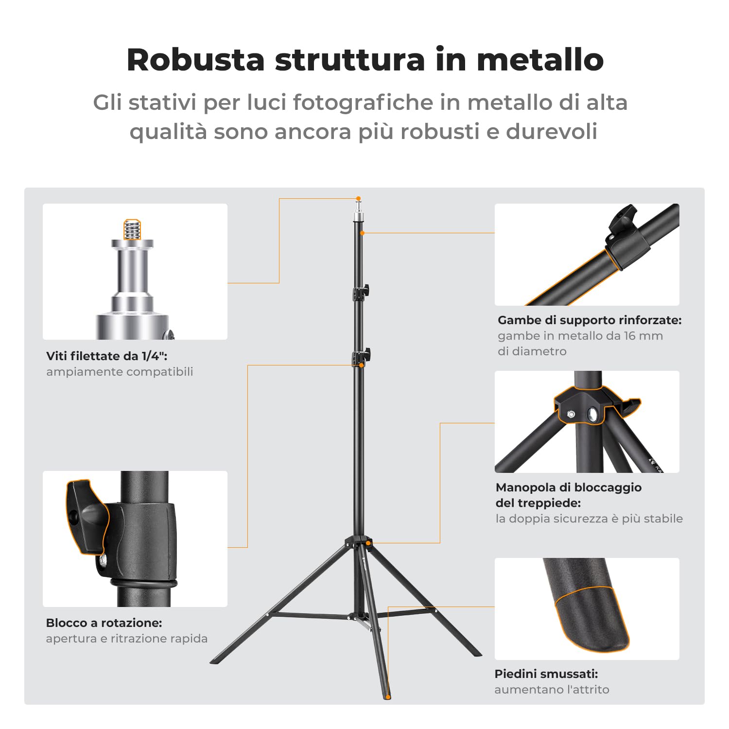 K&F CONCEPT Treppiede per fotografia, 2 m, portatile, estensibile, per foto e video, con vite da 1/4" per illuminazione, luce stroboscopica, webcam, fotocamere, softbox, con custodia