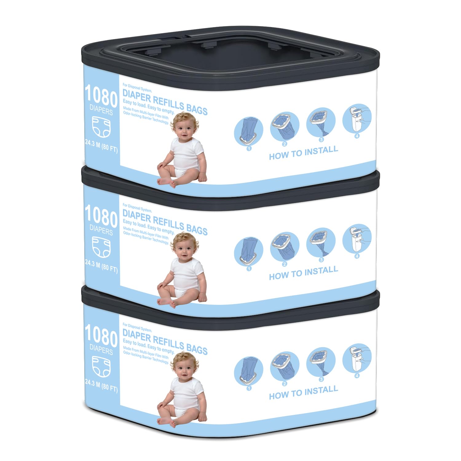 Jumbo+ - Bolsas de basura cuadradas compatibles con cubos compactos de Diaper Genie Compact, Classic y Select, con capacidad para hasta 1080 pañales de tamaño recién nacido por recambio, paquete de 3