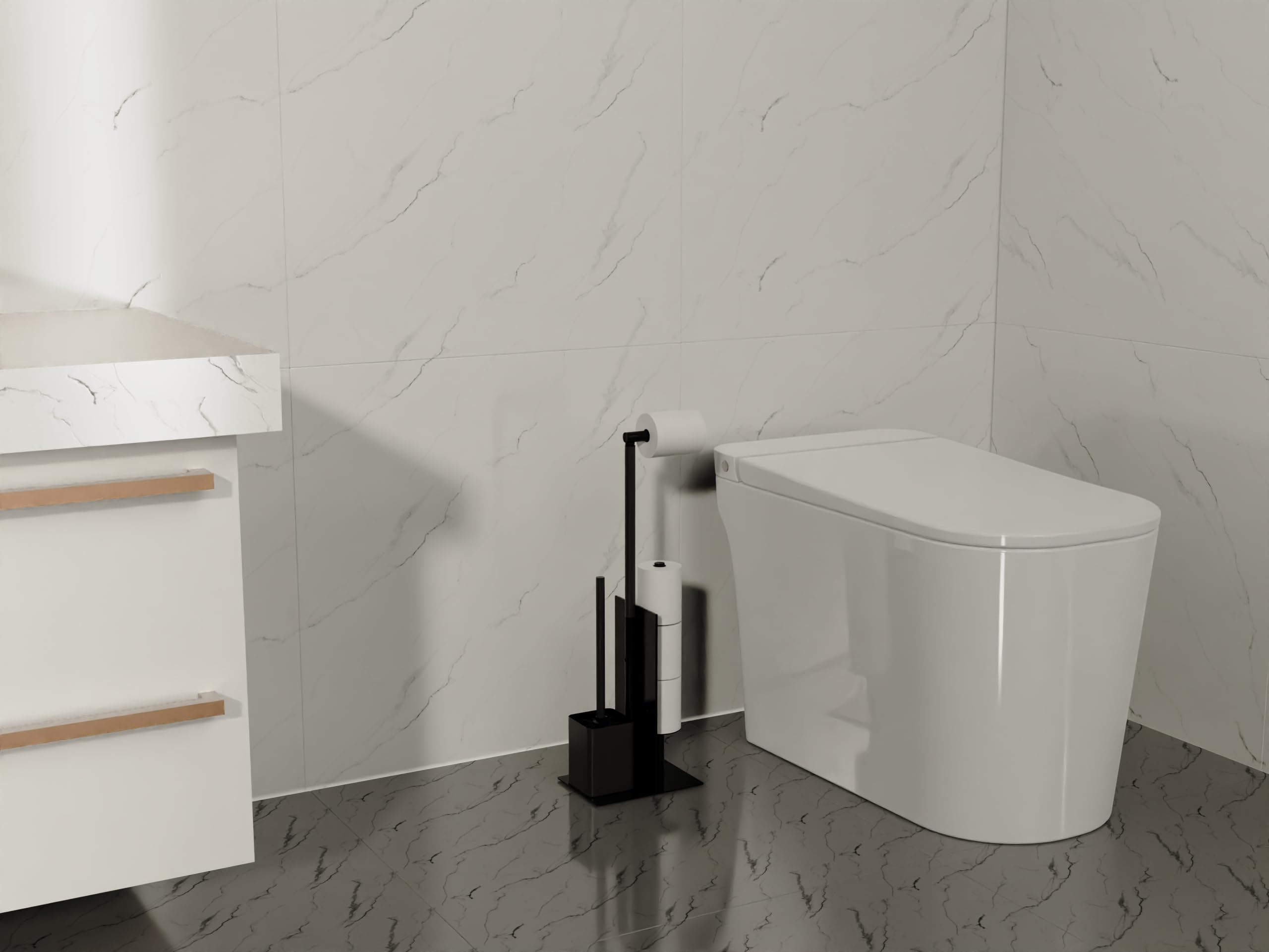 YUET Portarotolo per Carta Igienica da Terra con Scopino in Acciaio INOX, Piantana Porta Carta Igienica con Spazzolino WC, Senza Forare, in Piedi (Nero Opaco)