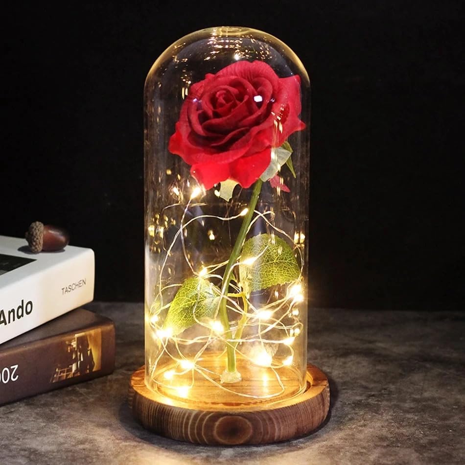 Artificial Eternal Rose Red with Led Light, Artificial Flower Rose Gift for Christmas Valentine Mothe's Day Anniversary Birthday Gift for Her & Him, Flower Gift Lasts Forever in A Glass Dome