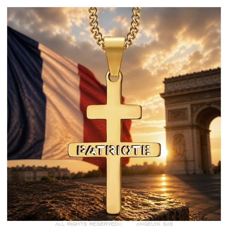 BOBIJOO Jewelry - Złoty wisiorek z krzyżem Lotaryngii - Patriota - stal nierdzewna - łańcuszek kubański 55 cm