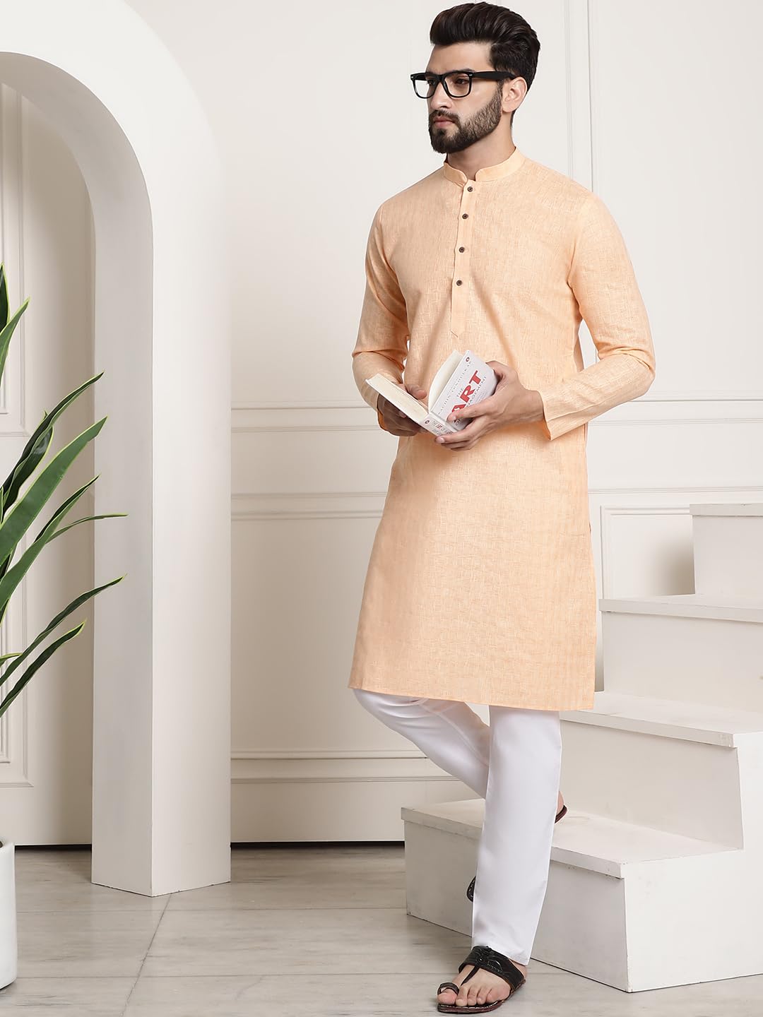 Sojanya (Since 1958 Men's Cotton Blend Peach Checked Kurta And White Churidar Pyjama Set