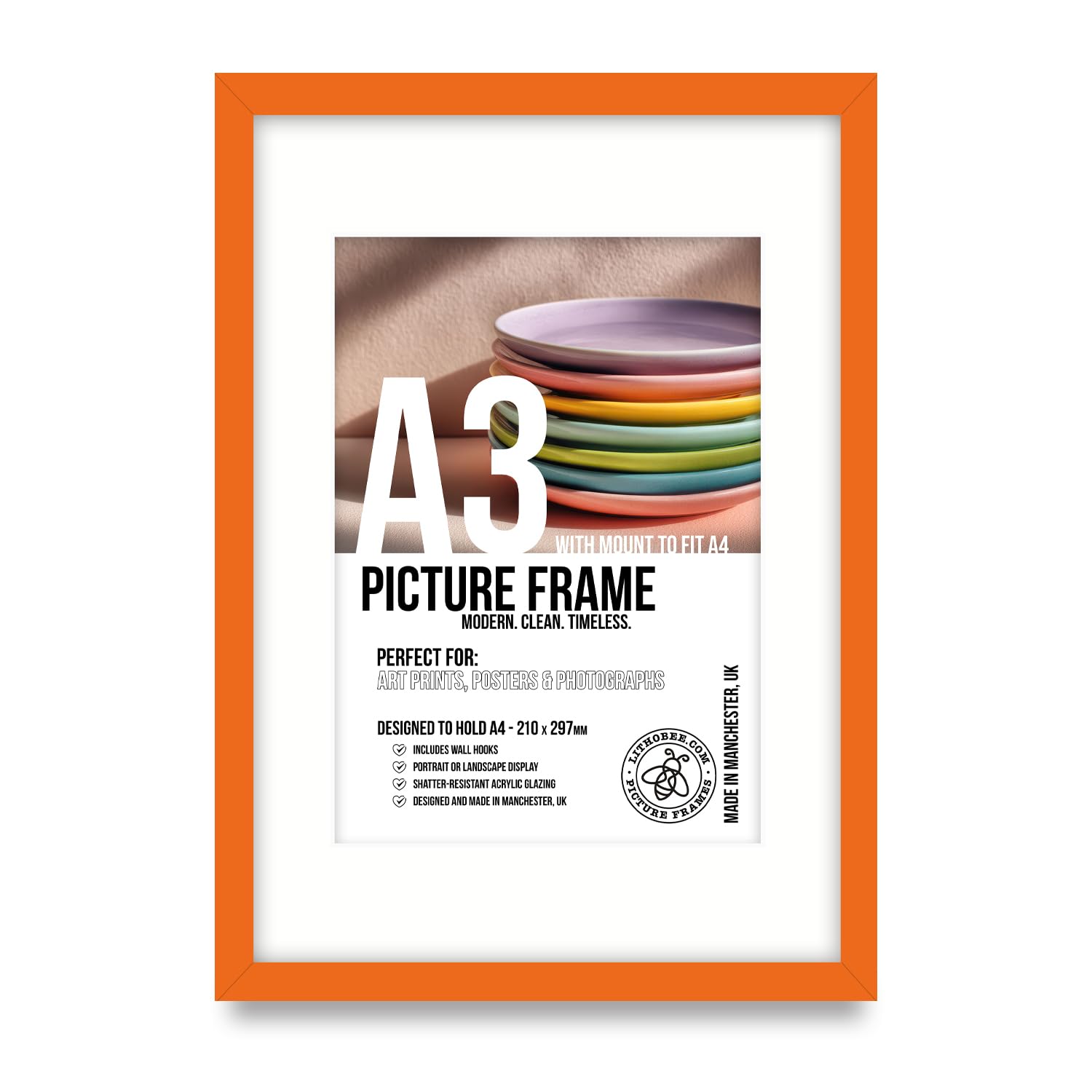 Lithobee Premium Orange A3 Picture Frame with Mount