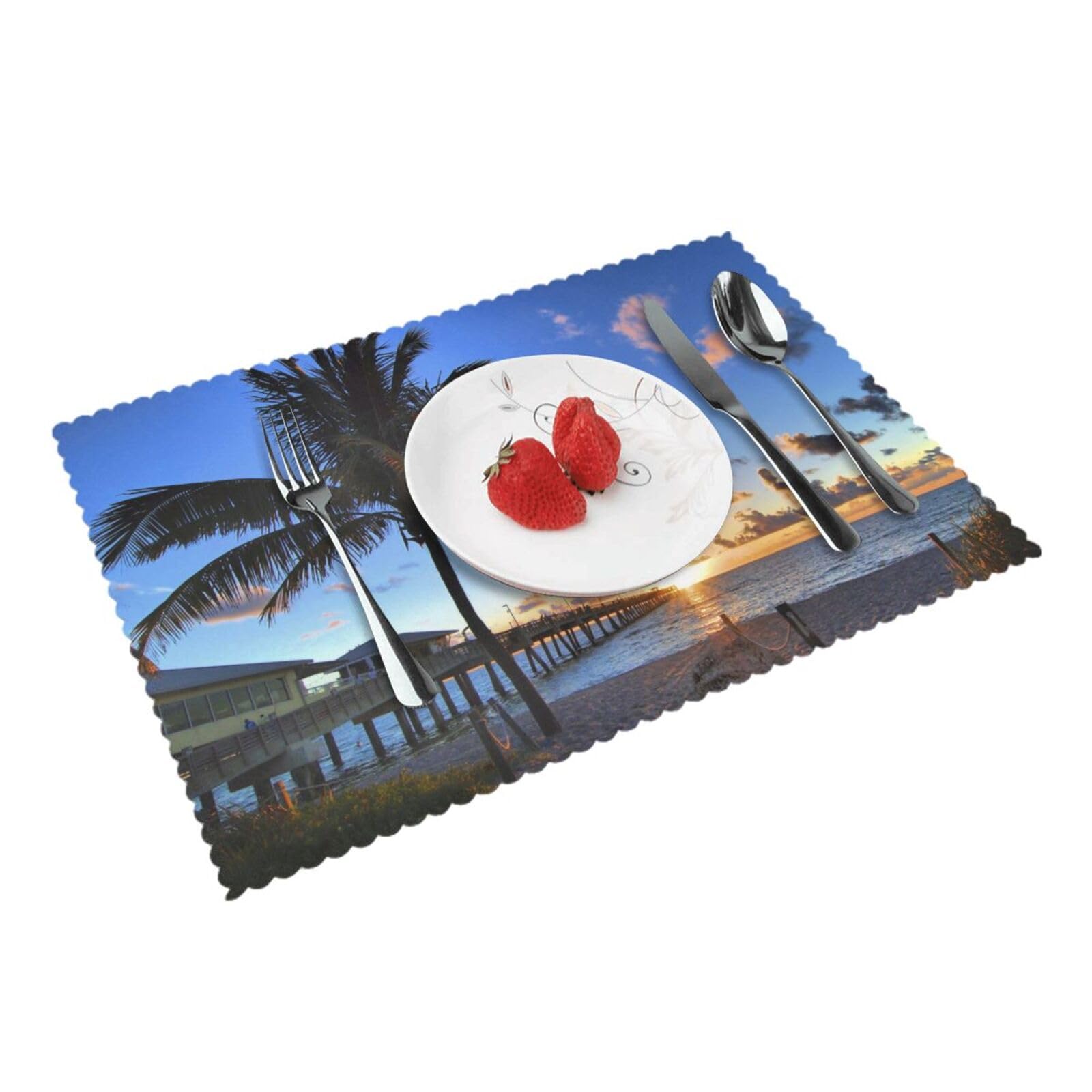 Sunrise seaside Palm Tree Printed Placemats Set of 4 PCS Washable Placemat for Kitchen Table Heat-resistant Table Mats 45x30 CM