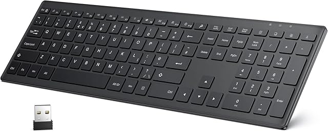 OMOTON Wireless Keyboard for Windows, Ultra Slim Full-Sized 2.4 GHz Wireless Keyboard with Numeric Keypad for Desktop/PC/Laptop, Simple Nordic Style, QWERTY UK Layout, One USB Receiver  Black