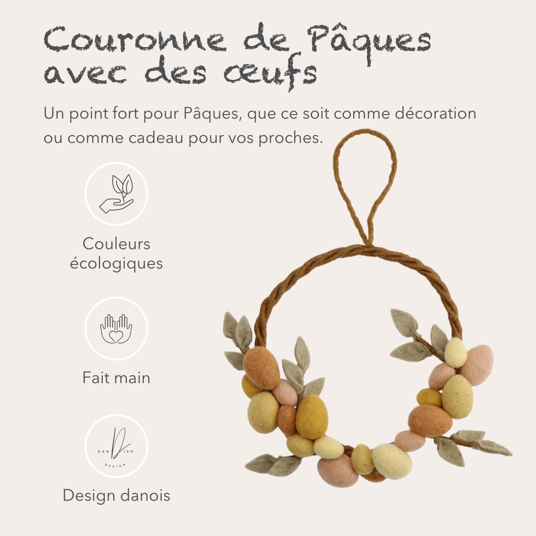 Gry & SIF Couronne de Pâques Tons de Terre | Fait Main | Porte avec Oeufs, Feutre | Commerce Équitable | à Suspendre, Décoration | ⌀ 25cm