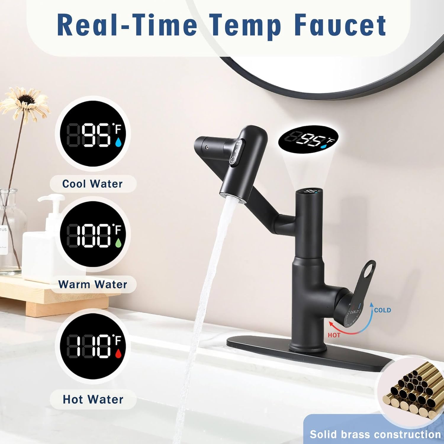 CHOMELY Single Hole Rotatable Bathroom Faucet with Temperature Display in Fahrenheit (Batteries-Free) 3 Water Modes 360 Degree Rotating Sink Faucet, Matte Black