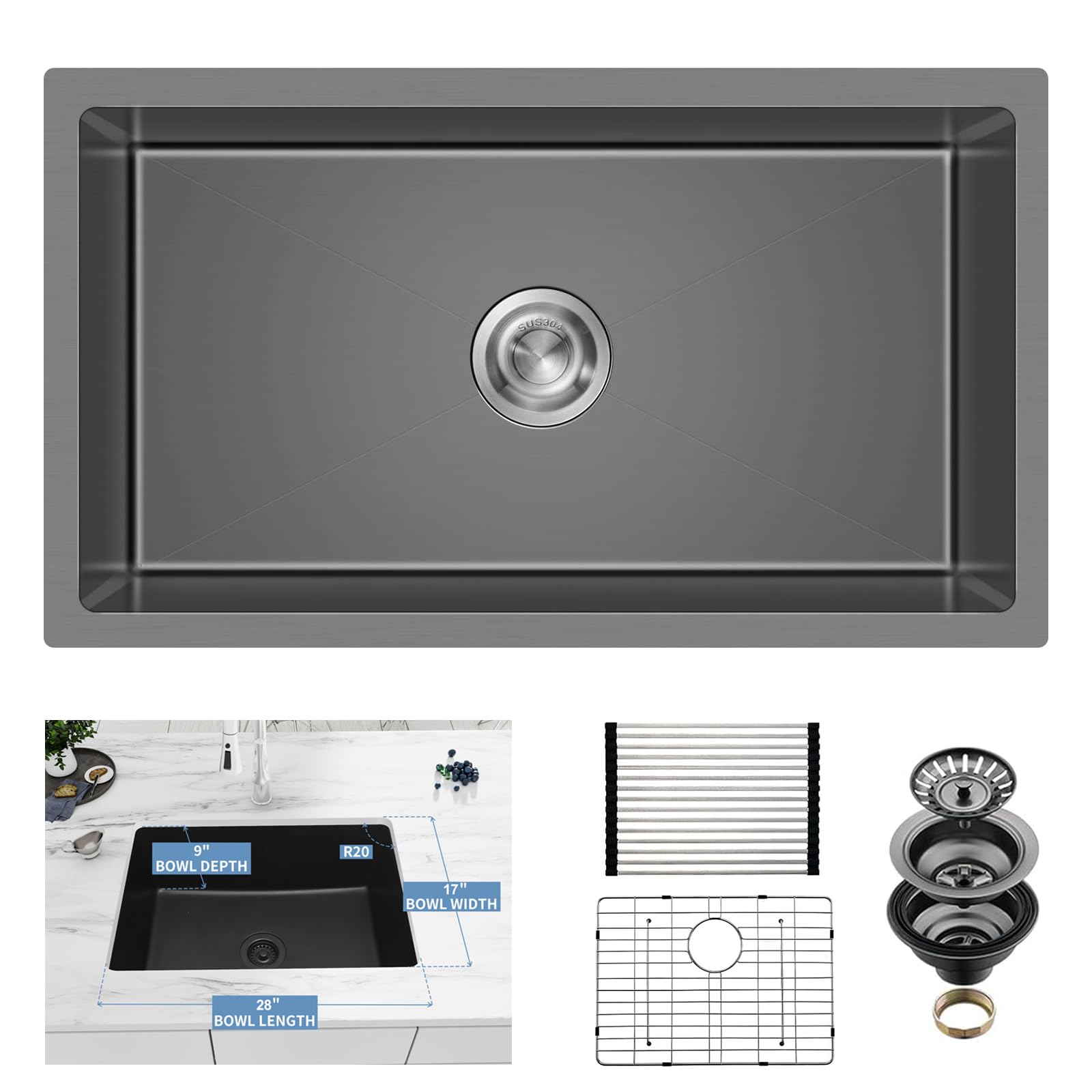 Kiamates 30 Inchs Undermount Kitchen Sinks, 30 x 19 x 9 Inch Black