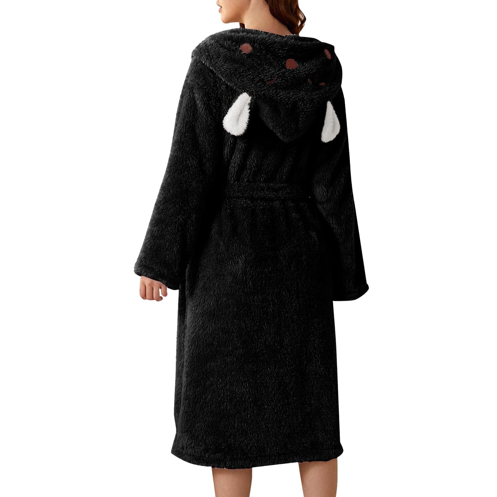 Albornoz Negro Liso con Capucha para Mujer, Suave, Esponjoso, Cálido, Liso, Largo, con Cinturón, Ligero, Lujoso y Acogedor para Estar En Casa En Invierno.