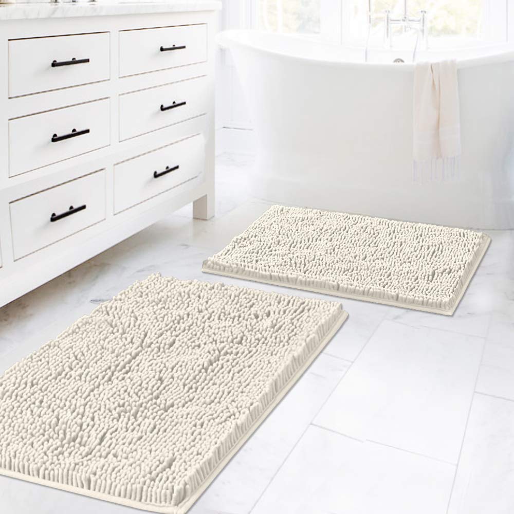 H.VERSAILTEX Microfiber Bath Rugs Chenille Floor Mat Ultra Soft Washable Bathroom Dry Fast Water Absorbent Bedroom Area Rugs Indoor Mats for Entryway, Cream 20" x 32"/17" x 24"