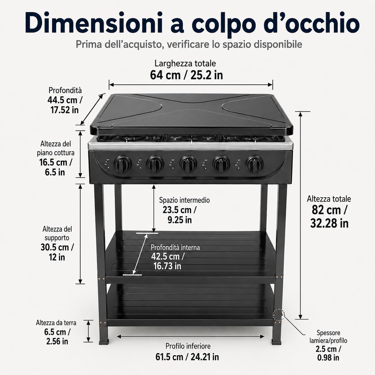 Piano cottura a gas, 5 fuochi, 2,5 kW, portatile, per campeggio e casa