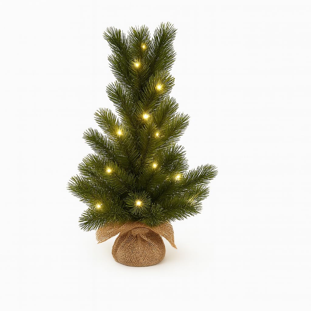 Floralcraft® 40cm Pre-Lit Artificial Christmas Tree with 15 Warm White LED Lights & Burlap Base | Mini Tabletop Xmas Tree for Home, Office & Festive Décor