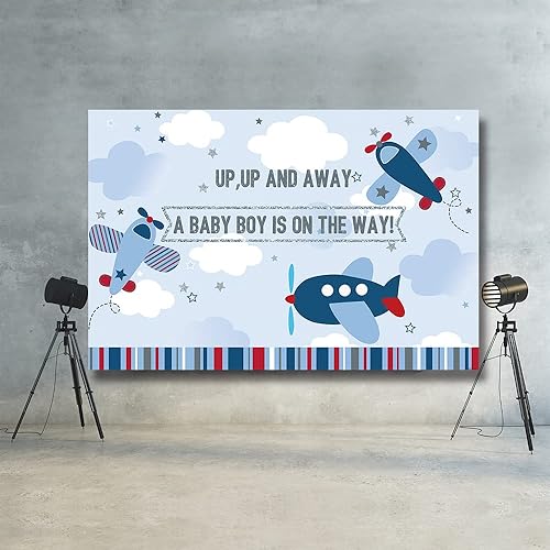 Miniatura 6 de Up Up Away Baby Shower Backdrop Blue Airplane Jet A Baby Boy is On The Way Background It’s a Boy Party Decoration Pilot Baby Shower Banner 71X47inch
