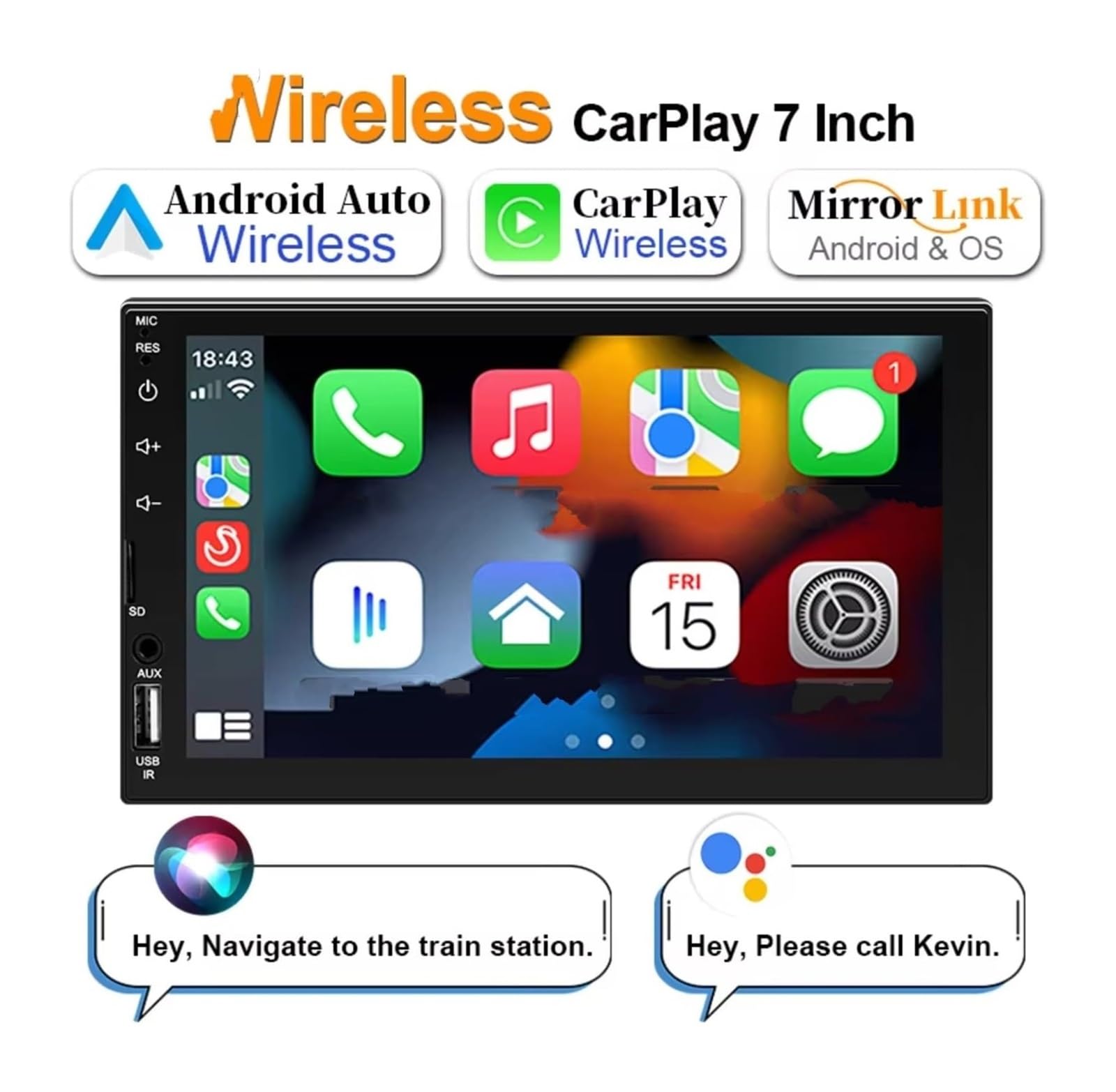 Estéreo Multimedia 1 DIN CarPlay Android Auto 7 Pulgadas WIFI6 Pantalla Táctil IPS 5 GHz Bluetooth FM AUX Enlace Espejo Universal Cámara de Respaldo(with 8 LED Camera)