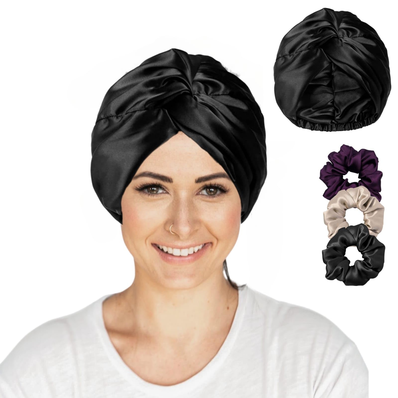 Atrube Silk Satin Hair Bonnet Reversible Sleep Cap with Adjustable tie Band for Sleeping Hair Cover for Women with Scrunchies | Hair Wrap Silk Bonnet for Hair (Black) Head Circumference: 21"~23"-picture-20