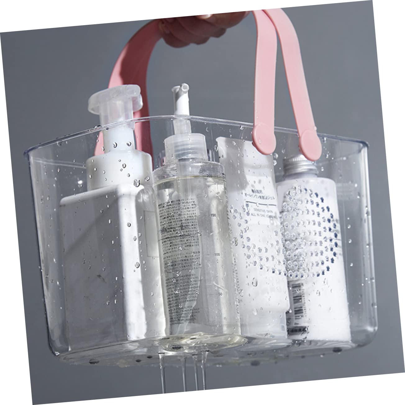 Beavorty Cesta de Ducha Portátil Transparente de Plástico Rosa con Asa | Gran Capacidad, Base Estable sobre Superficie Plana, para Baño y Salón