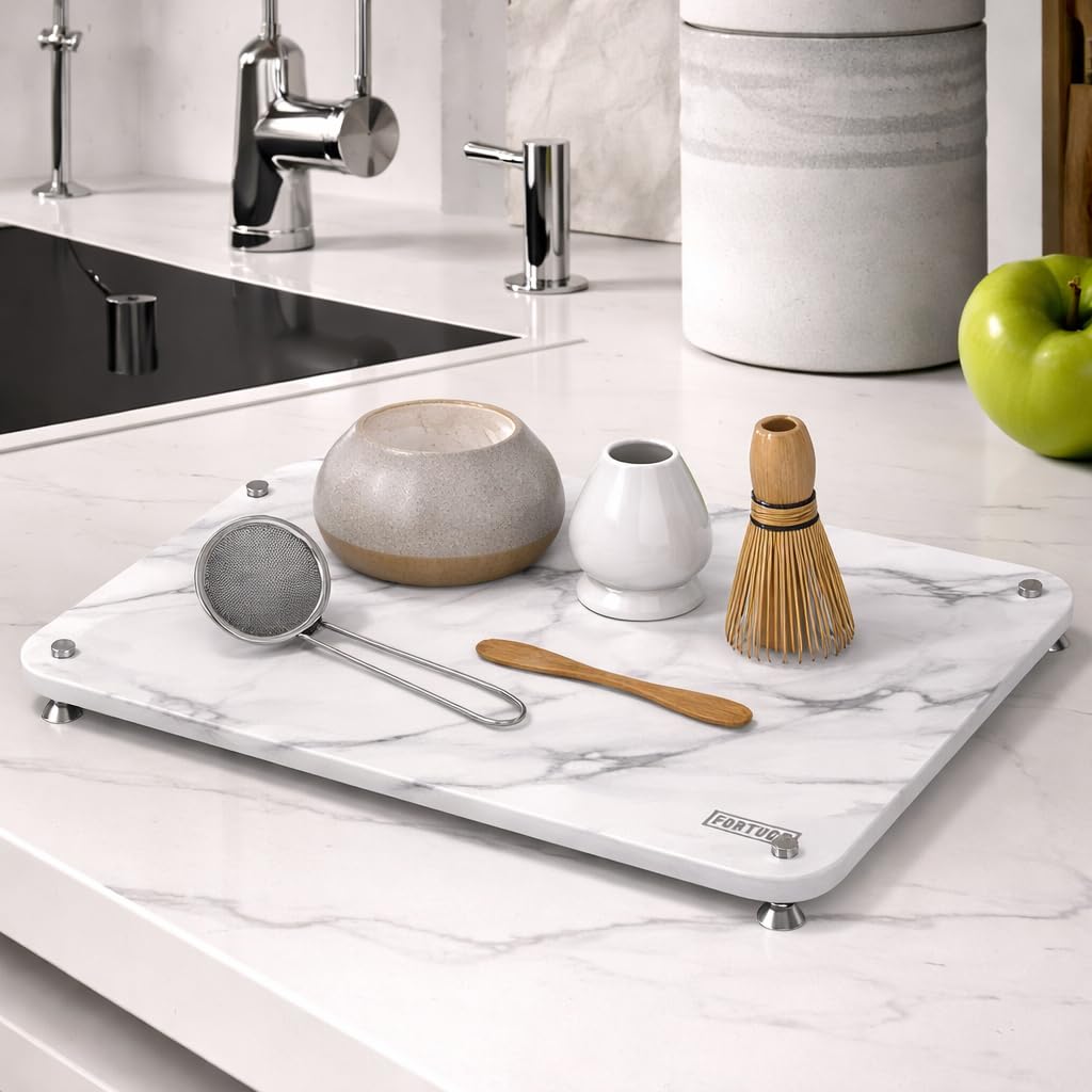 Ultra-Absorbent Stone Dish Drying Mat | Fast-Drying Diatomite Sink Tray for Kitchen Counter | Non-Slip, Water-Wicking Dish Drainer | Diatomaceous Earth Drying Mat | White Marble