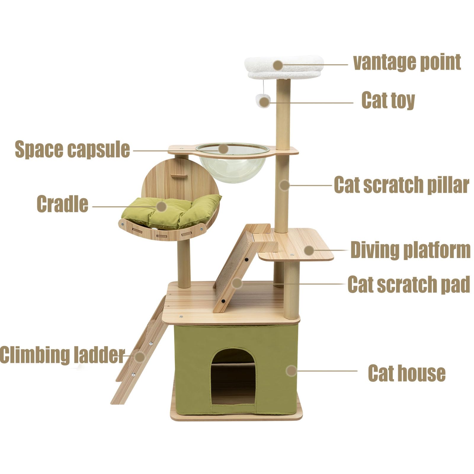 Rascador para gatos, estable, con sisal, cueva y cesta, casa para gatos con cama acolchada, árbol trepador para gatos altura 140 cm, verde