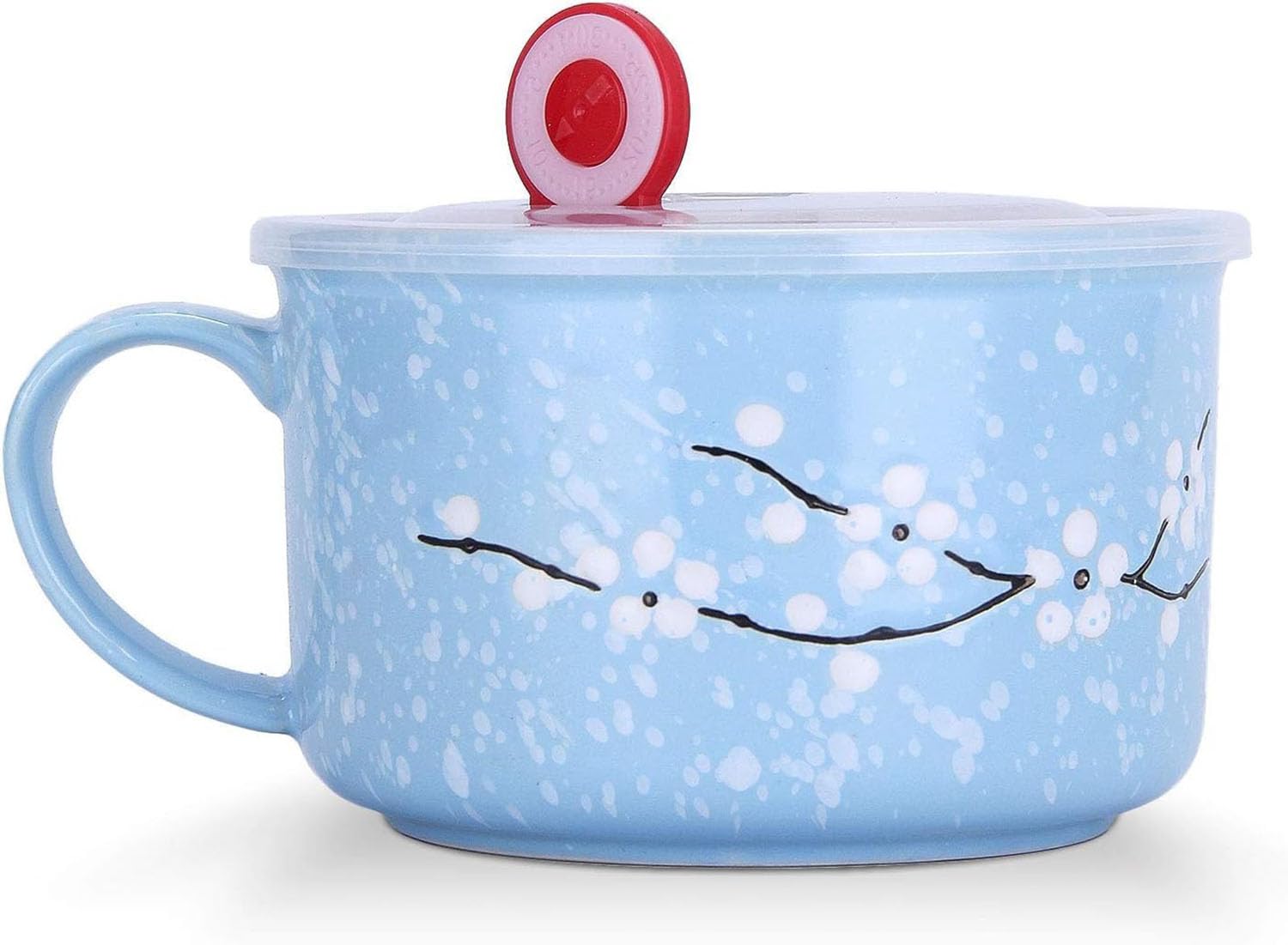 Biigming Large Ceramic Mug with Lid and Handle 800ml Breakfast Mugs Noodle Bowl Cherry Blossoms Among Snow Flake Pattern for Noodle Salad Cereal Bowl (Blue)