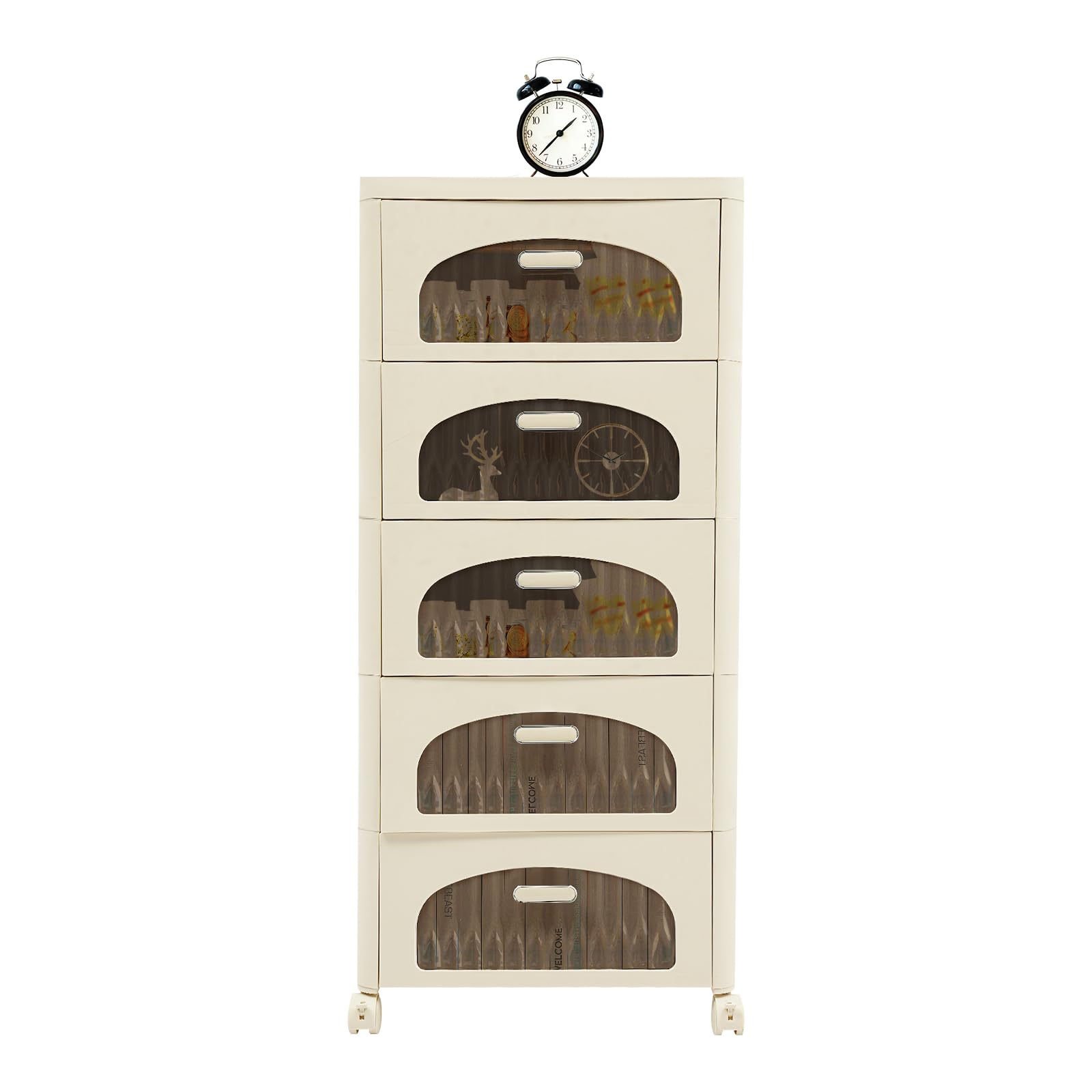 Cassettiera con 5 cassetti, con ruote, capacità di carico di ogni cassetto 5 kg, 41,7 x 32 x 97 cm, scatole impilabili per soggiorno, cameretta dei bambini, studio (arco trasparente)