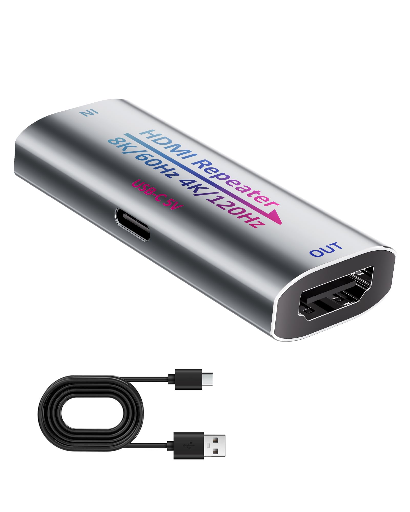 8K aktive HDMI-Booster-Repeater, Signalverstärker HDMI 2.1 Extender unterstützt 8K@60Hz/4K@240Hz, verlängert HDMI 1080P auf bis zu 50 m für PS5, Xbox, Projektor, HDCP 2.3 mit USB-C-Stromanschluss