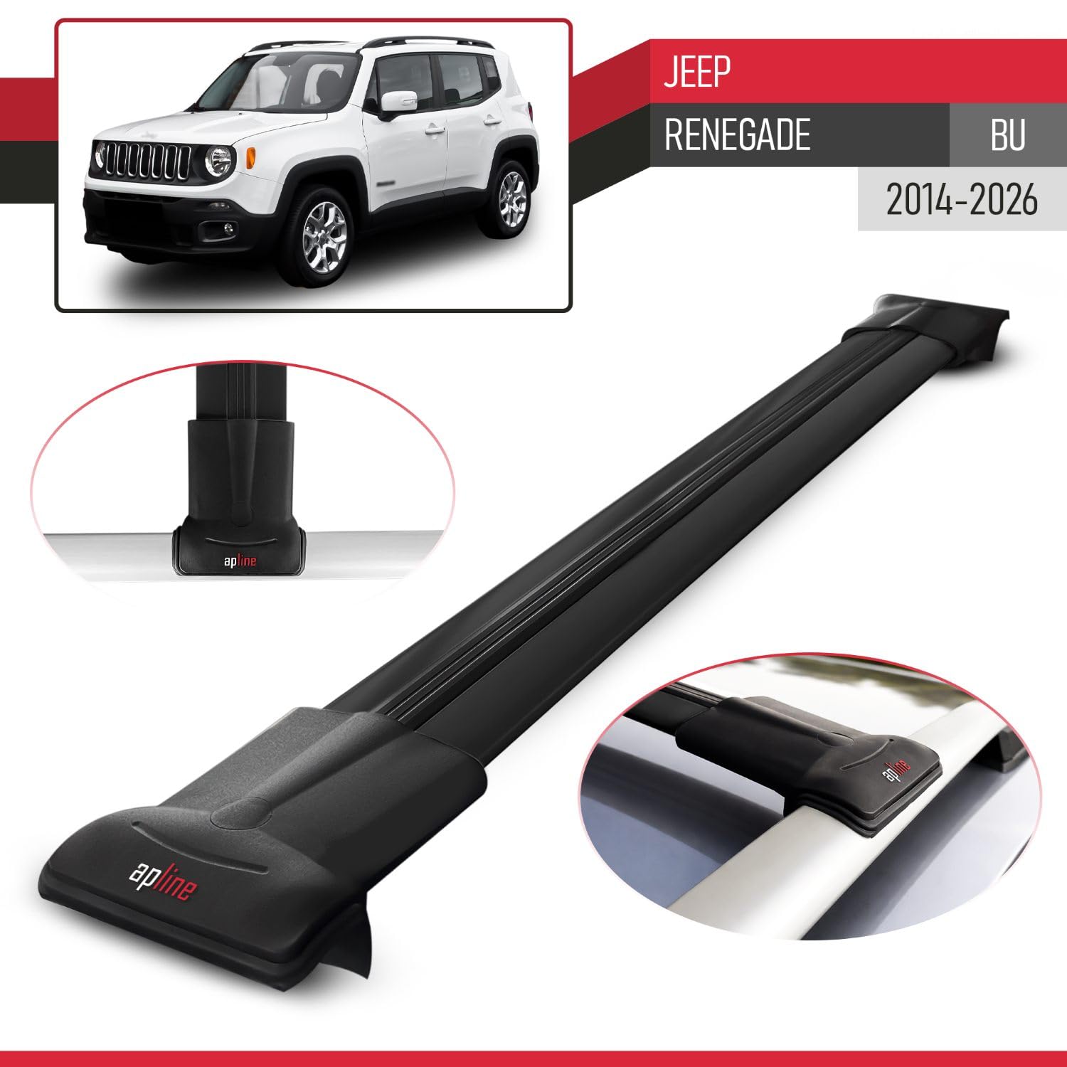 Compatible con Jeep Renegade (BU) 2014-2026 Fly Model Barras de Techo Auto Portaequipajes Barras Transversales Negro Aluminio 2 Barras