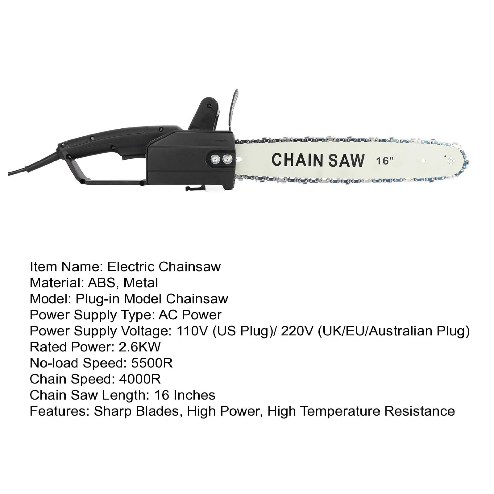 2 Stroke Engine Oil 16 Inch Chain Saw Corded 2.6KW 110V Electric Chainsaw High Power Bar And Chain Oil