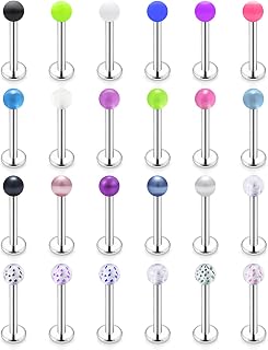 Hoeudjo 24PCS 14G Surgical Steel Lip Rings Labret Studs Piercing Jewelry for Women Men Tragus Cartilage Conch Helix Earring Stud 6mm 8mm 10mm Bar Length