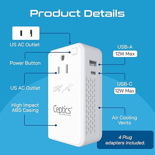 Miniatura 5 de Ceptics Convertidor de voltaje reductor de 200 W  Convertidor de voltaje de 220 V a 110 V para rizador, alisador, cargador  Carga rápida USB-A y C
