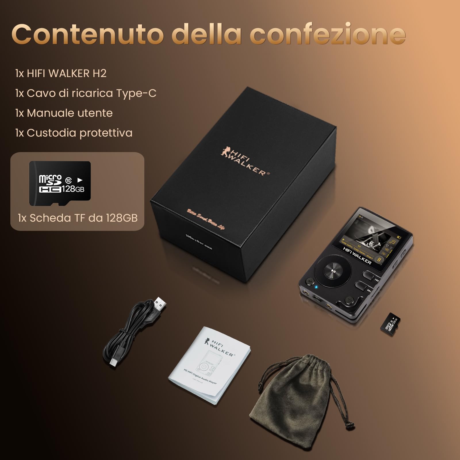 HIFI WALKER H2 Lettore MP3 128GB Hi-Res con DAC ESS, Bluetooth 5.2 Bidirezionale LDAC/aptX-HD, Supporto FLAC/DSD Lossless, Schermo 2.0", Espandibile fino a 512GB