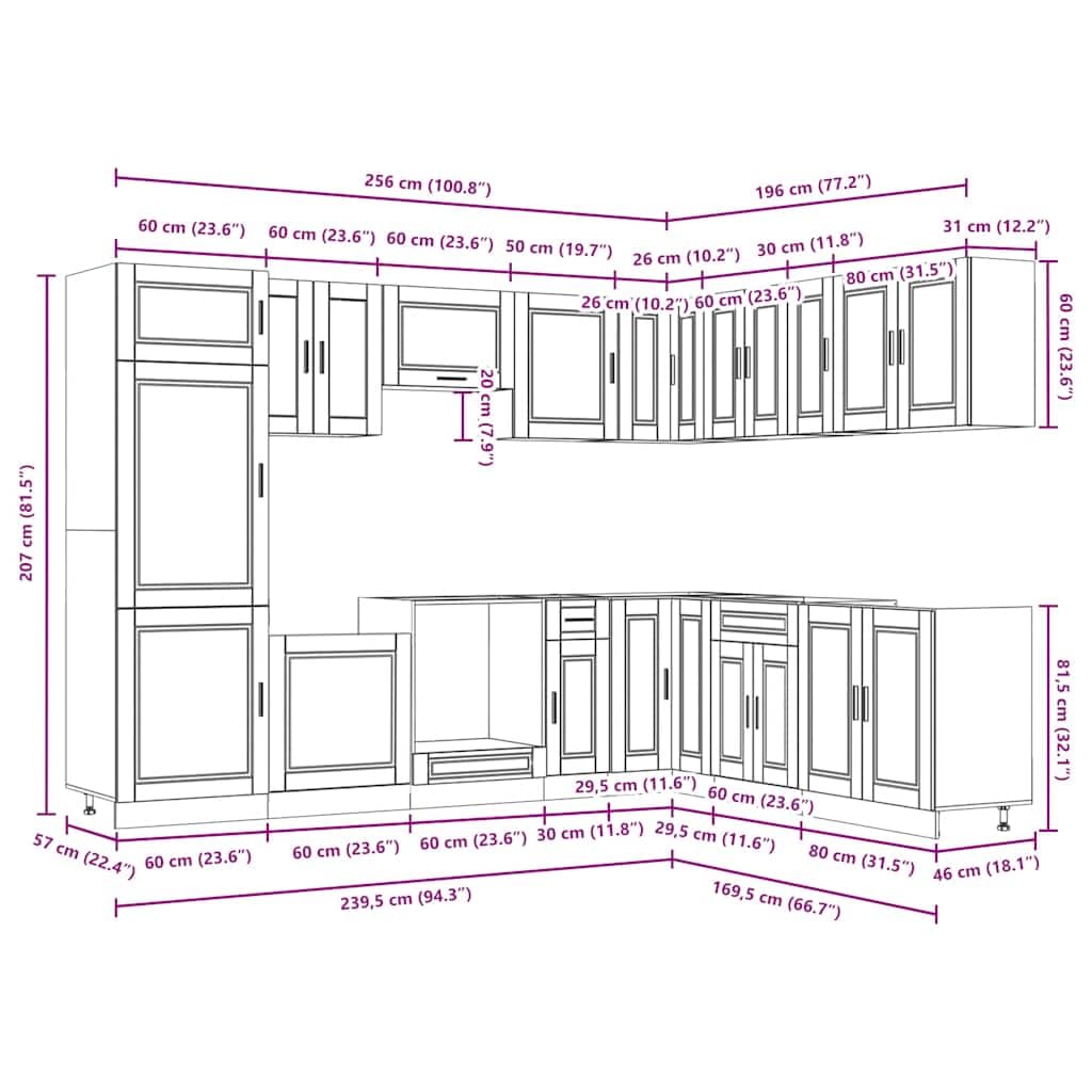 Set Mobili da Cucina 14 Pezzi Porto Bianco in Legno Multistrato | Soluzione componibile salvaspazio per cucina con piedini regolabili e ampi scomparti interni