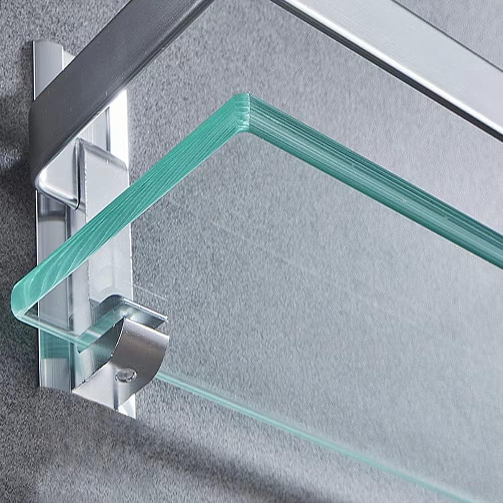 Estante de baño de vidrio templado rectangular de aluminio extra grueso color plateado arenado, montaje en pared, 25 cm