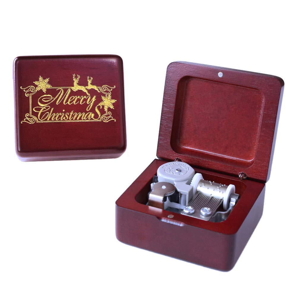 Sinzyo Silent Night Music Box Vintage Wood Carved Mechanism Musical Boxs Vintage Gift For Birthday Valentine's Day Merry Christmas(Wine red Box-Silent Night Double Deer)
