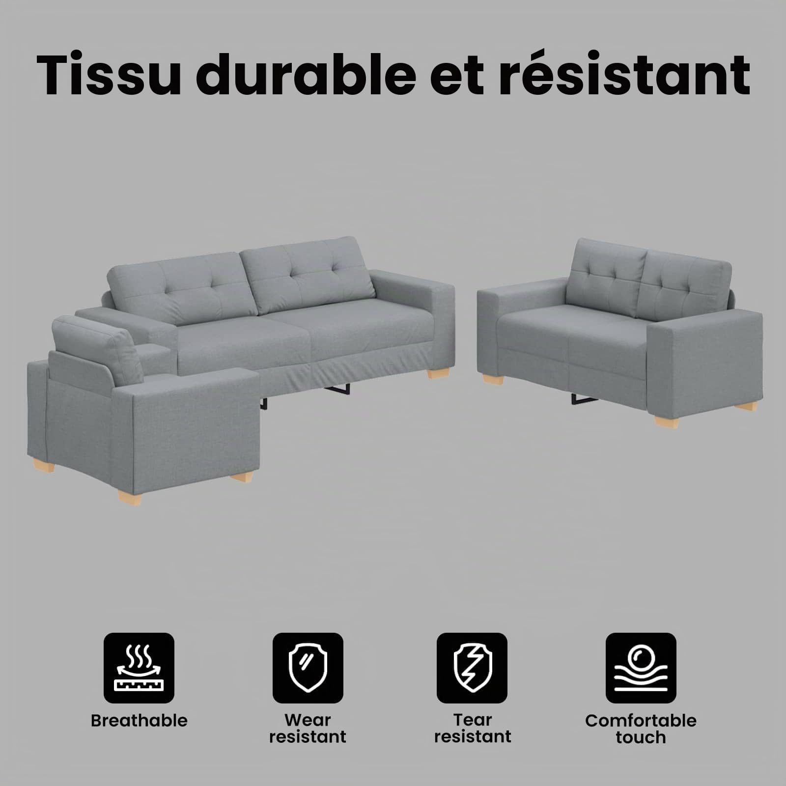 vidaXL Canapé 3 pcs Gris Clair 221 x 80 x 80 cm Tissu en Lin mélangé, Canapé en Lin Élégant, Mobilier Moderne pour Salon, Assise Stylée, Agencement Polyvalent