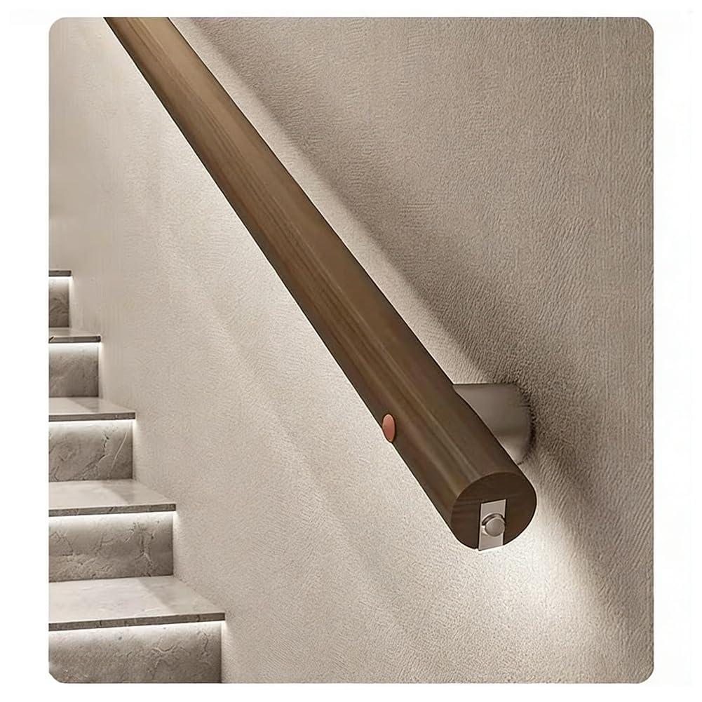 LED Wooden Stair Handrails, Hand Railings with Sensor, Non-Slip Staircase Handrail for Stairs Indoor Outdoor(Brown-Right,200cm)
