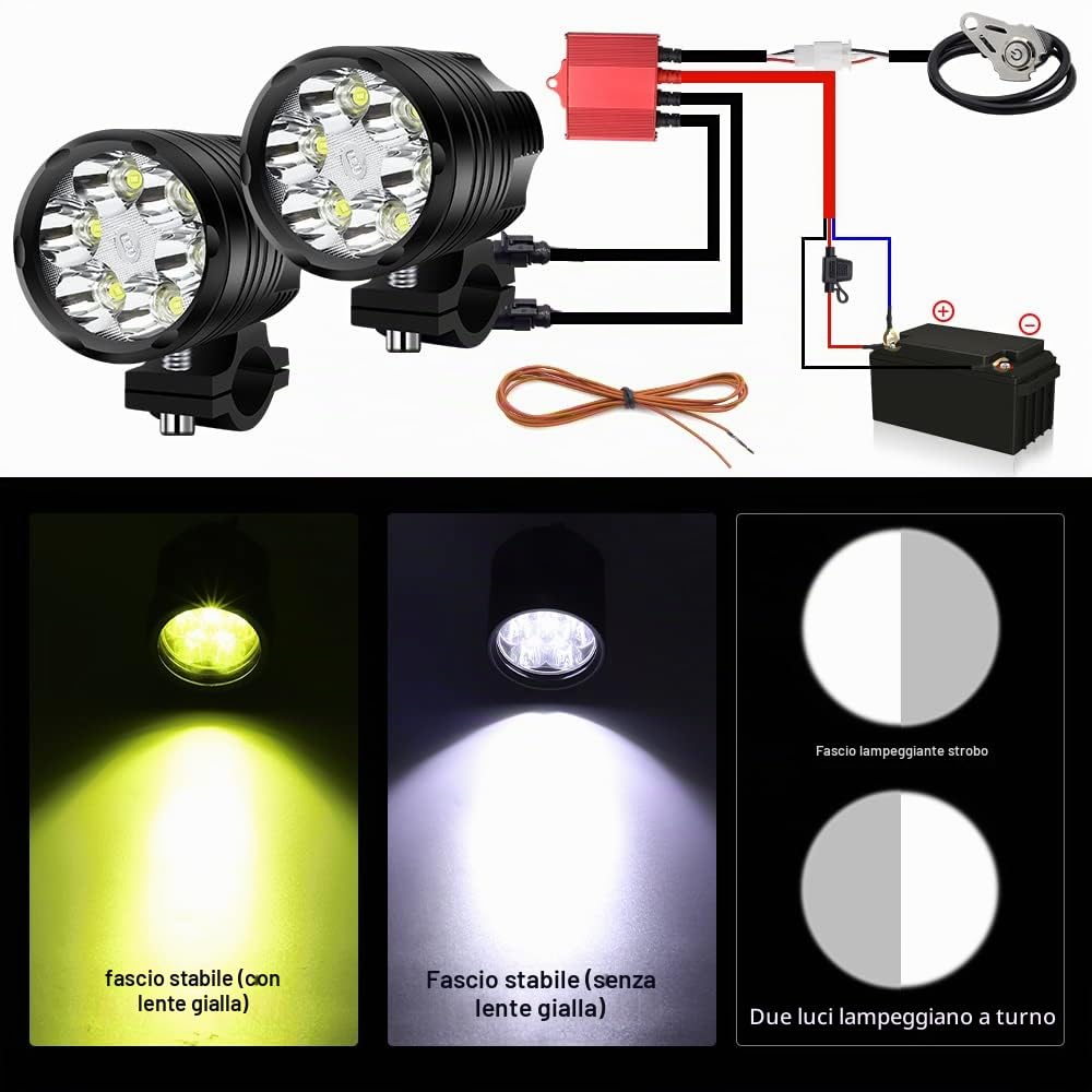 2PCS Fari Anteriori per Moto con Cablaggio e Lente Gialla, 60W Faro per Motocicletta Fari Fendinebbia a Led DRL 12V 24V per Scooter Auto Camion Barca ATV SUV