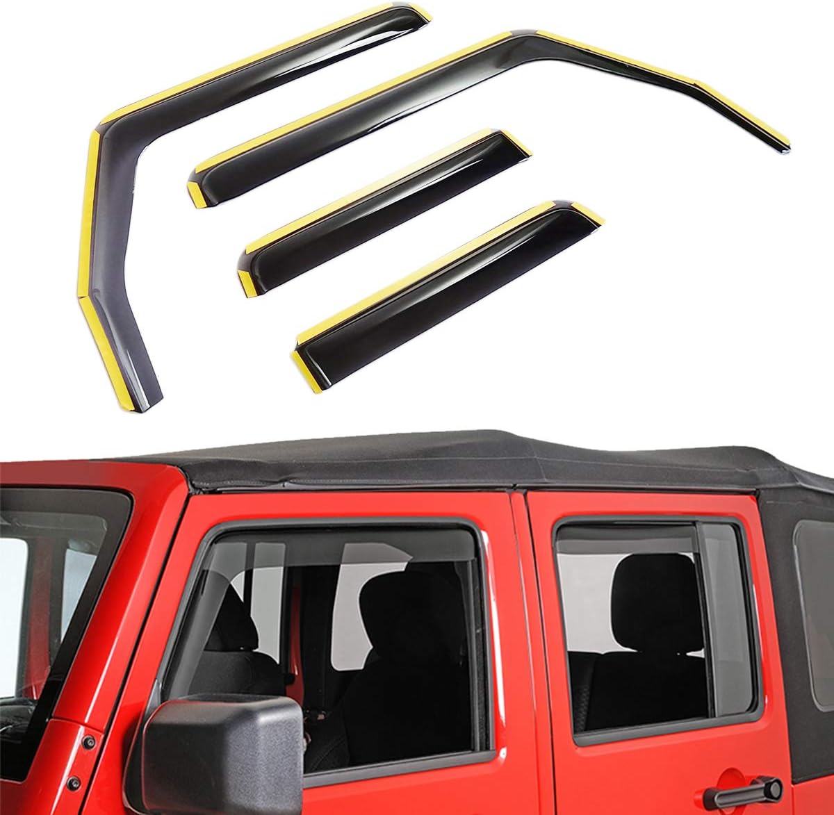XBEEK Side Window in-Channel Deflectors Rain Guards Ventvisor Visor Compatible with Jeep Wrangler JK JKU 2007-2018 (4-Door JK)
