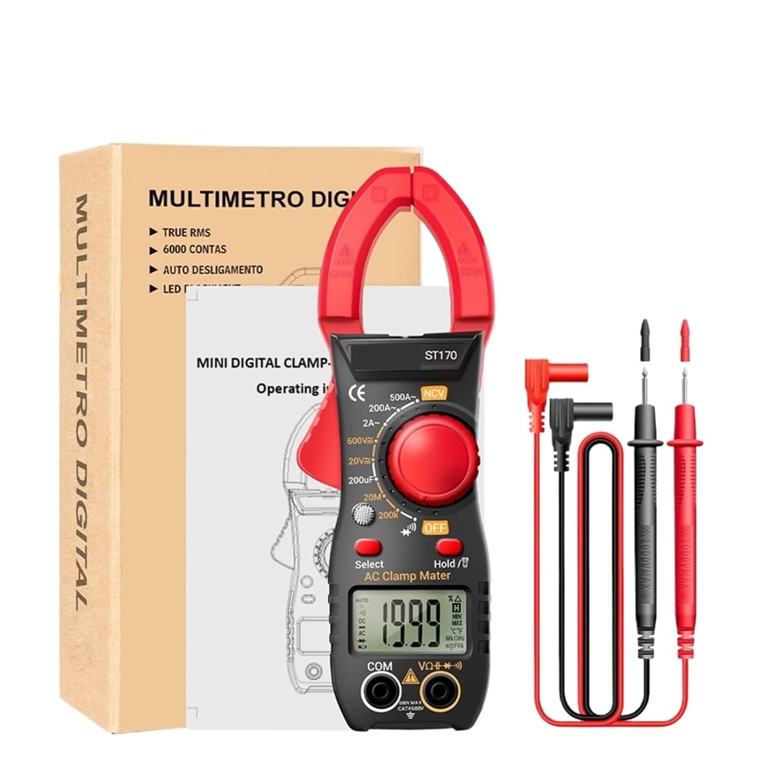 ST170 Professional Digital Clamp Meter DC/AC Current Multimeter Pliers Ammeter Voltage Tester Car Voltmeter Ohm Tester(Red)