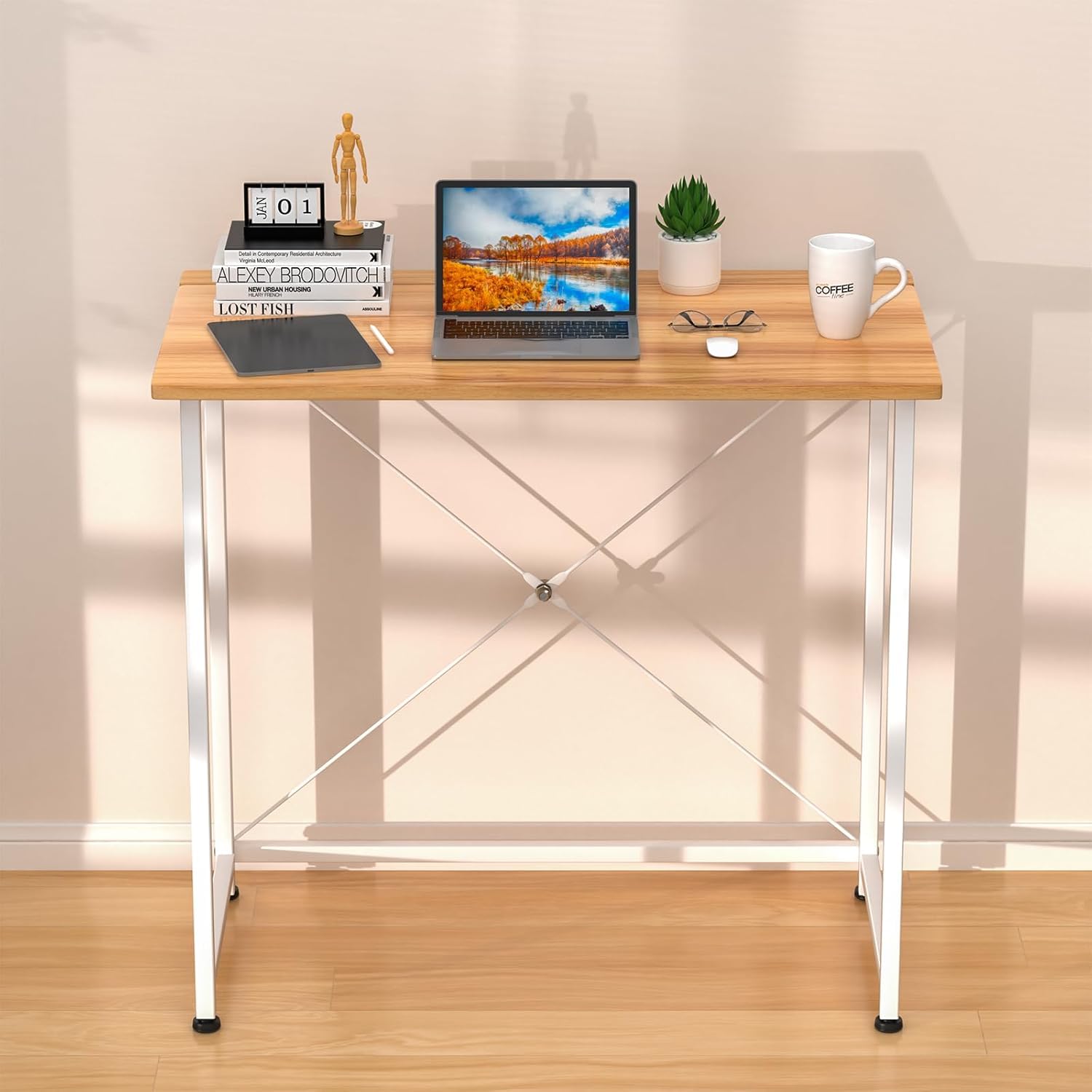 Scrivania Pieghevole Salvaspazio, 80x45.5x74 cm, Scrivania Computer, Scrivania Richiudibile, Struttura in Metallo, Moderna e Semplice per ufficio, Studio, Camera da Letto