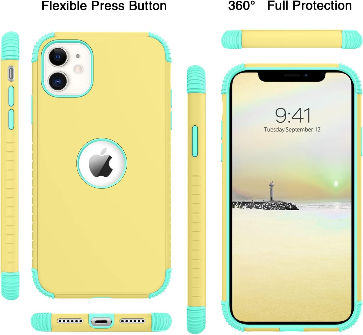 BENTOBEN iPhone 11 Case, Phone Case iPhone 11, Heavy Duty 2 in 1 Full Body Rugged Shockproof Protection Hybrid Hard PC Bumper Drop Protective Girls Women Boy Men Covers for iPhone 11, Yellow/Mint