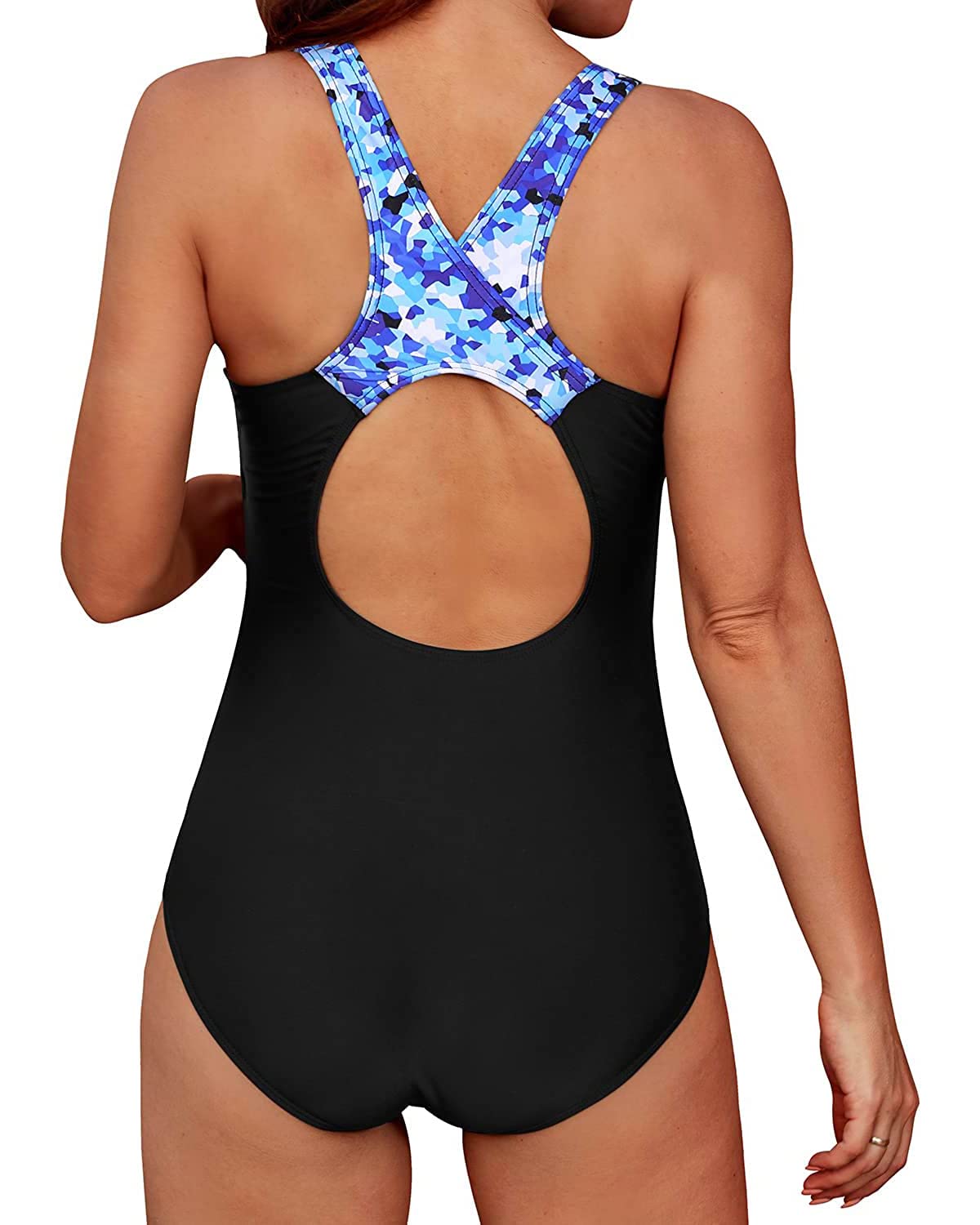 Tempt Me Women One Piece Swimsuits Athletic Racerback Swimwear Training Exercise Slimming Bathing Suit Black Blue Camouflage M