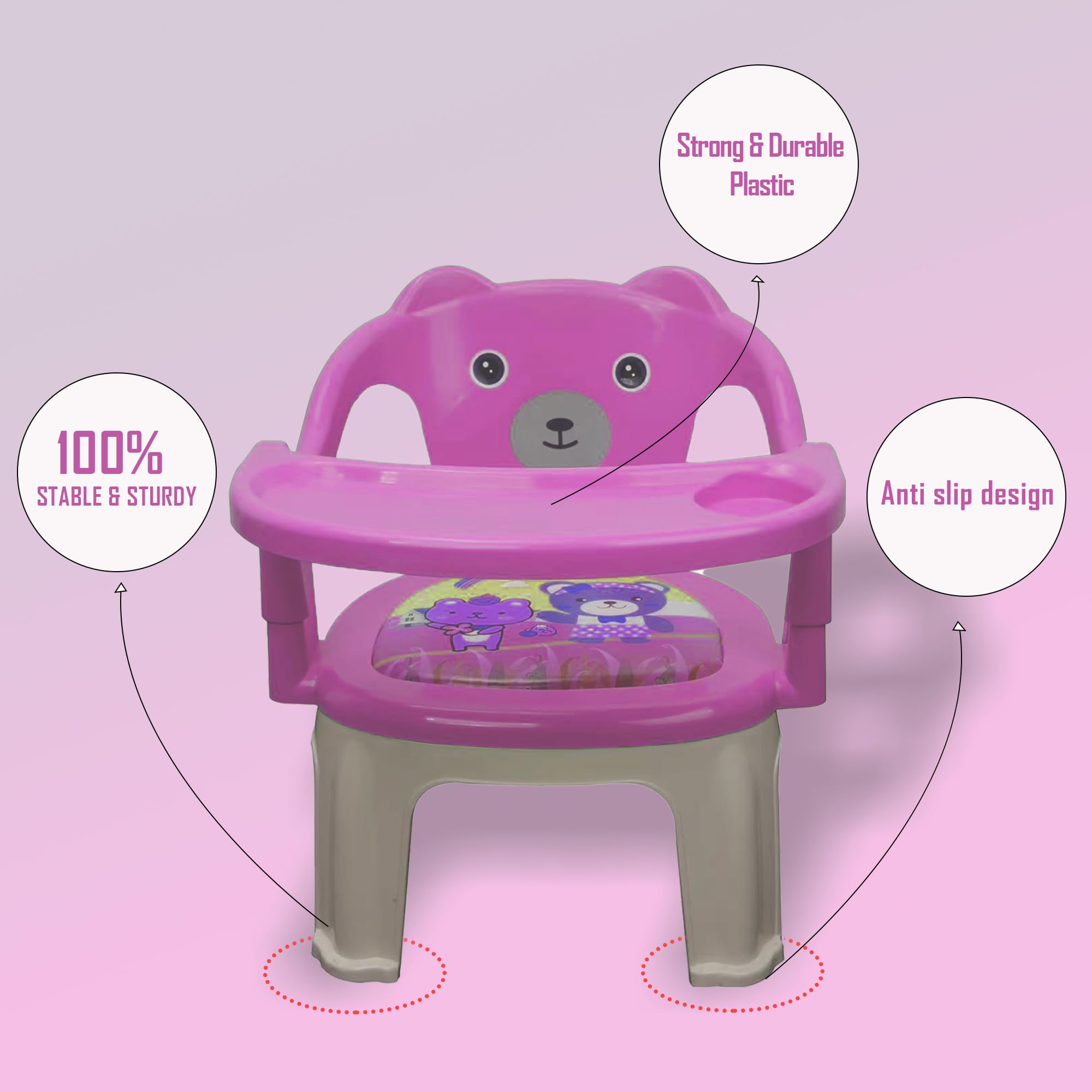 TONY STARK Plastic Chu-Chu squeak sound Feeding Chair With Removable Tray| Soft Cushion Seat & High Backrest With Teddy Bear Design Table ||Strong And Portable Baby Chair|1-4 Years,Upto 30 Kgs - Pink - Image 6 thumbnail