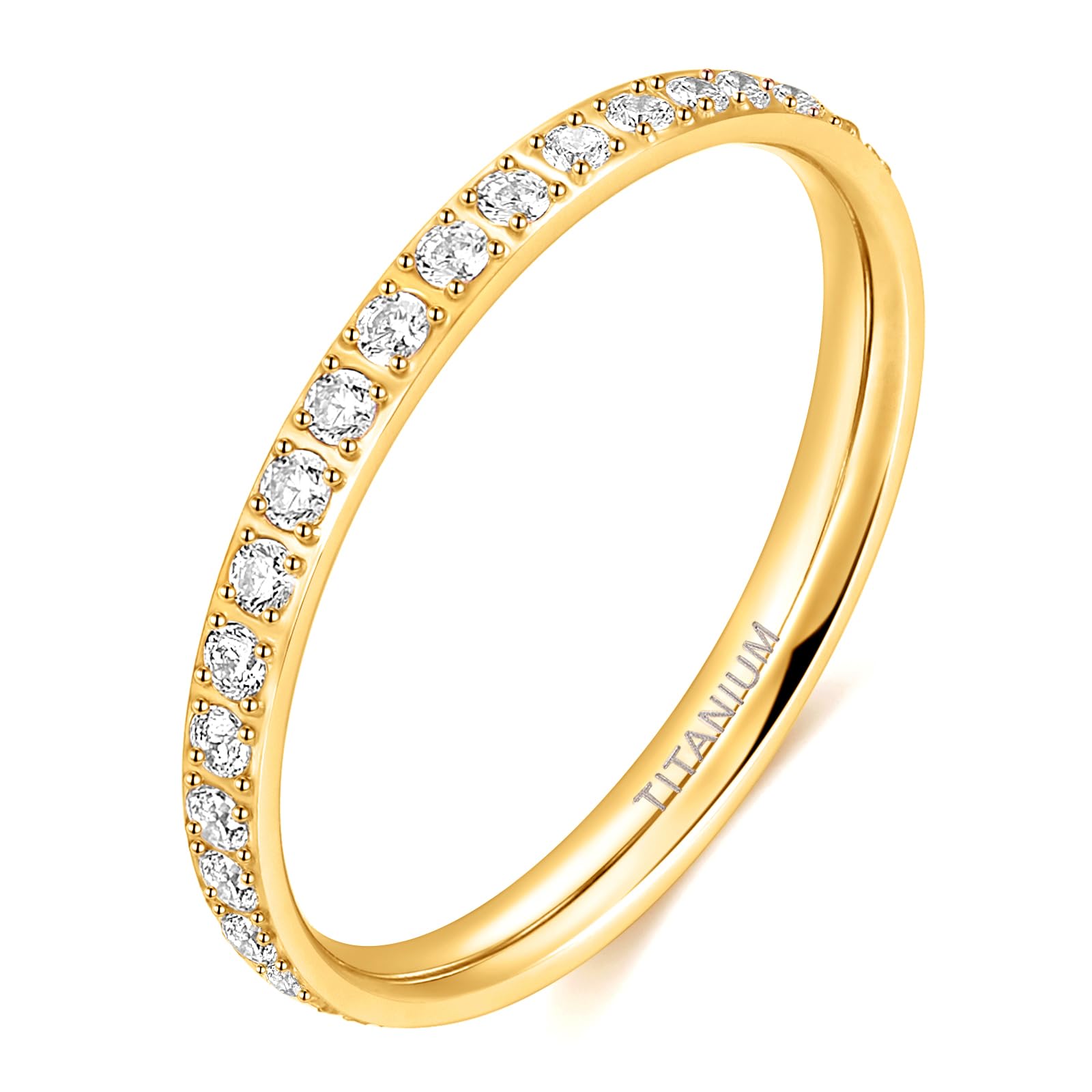 TIGRADE 2mm Women Titanium Eternity Ring Cubic Zirconia Anniversary Wedding Engagement Band Size 3-13.5
