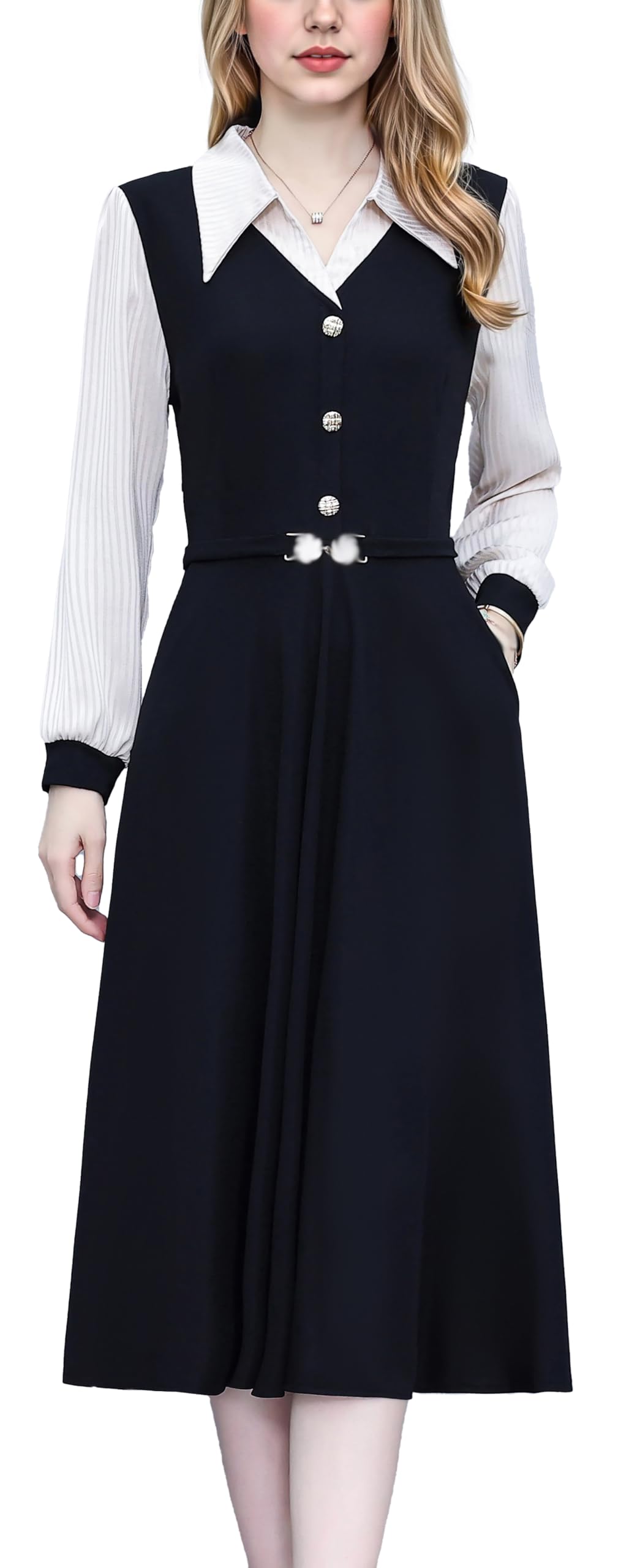 LAI MENG FIVE CATS Womens Vintage V-Neck Midi Dresses with Pockets Collared Long Sleeve Black Dress